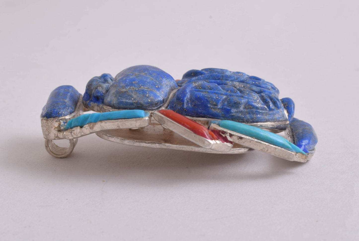 Egyptian scarab Silver Pendant,Revival, Turquoise, red coral , lapis Lazuli