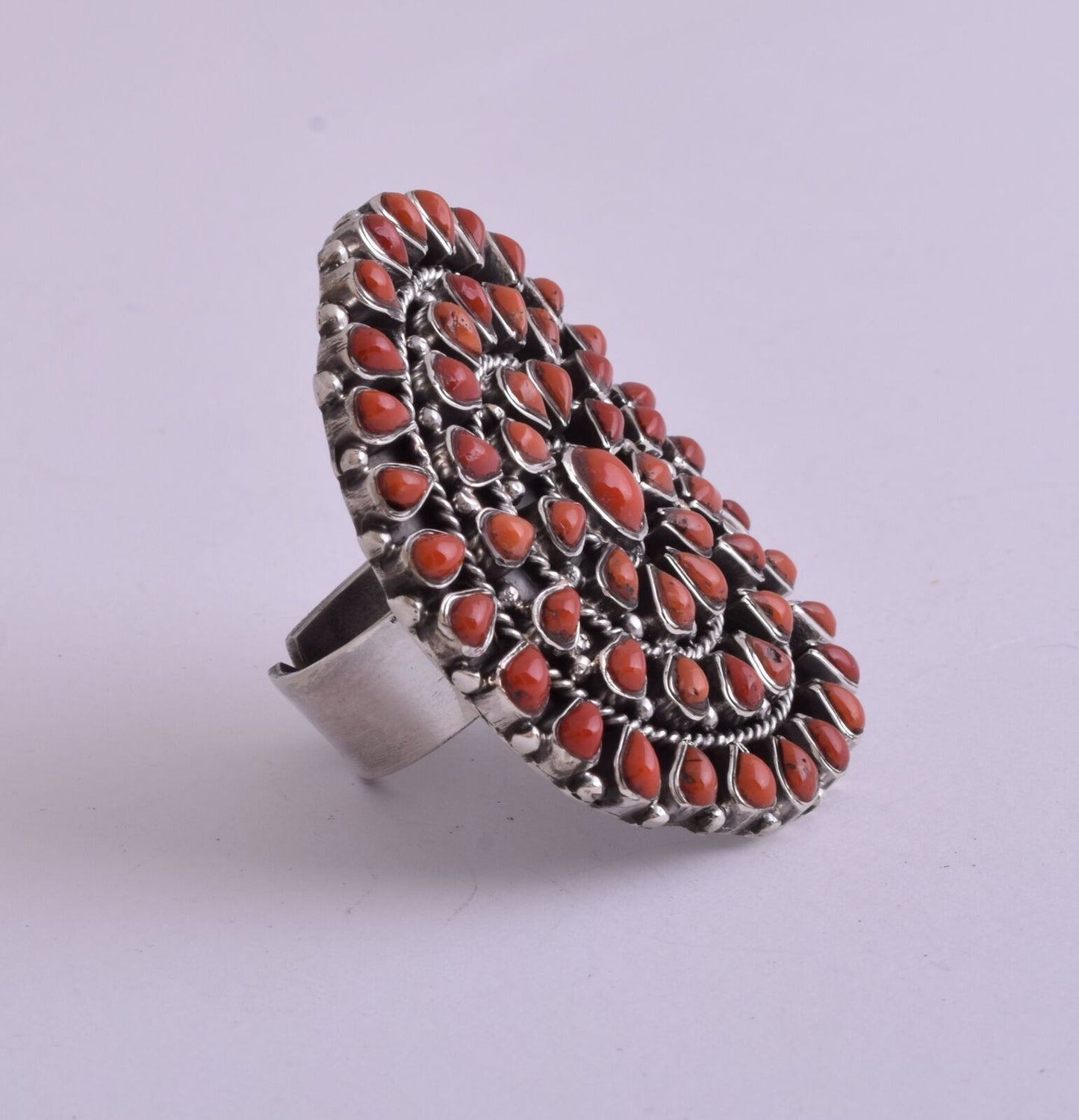 Narturla Italina Red Coral sterling silver Cluster Large Ethnic Ring-40 gram