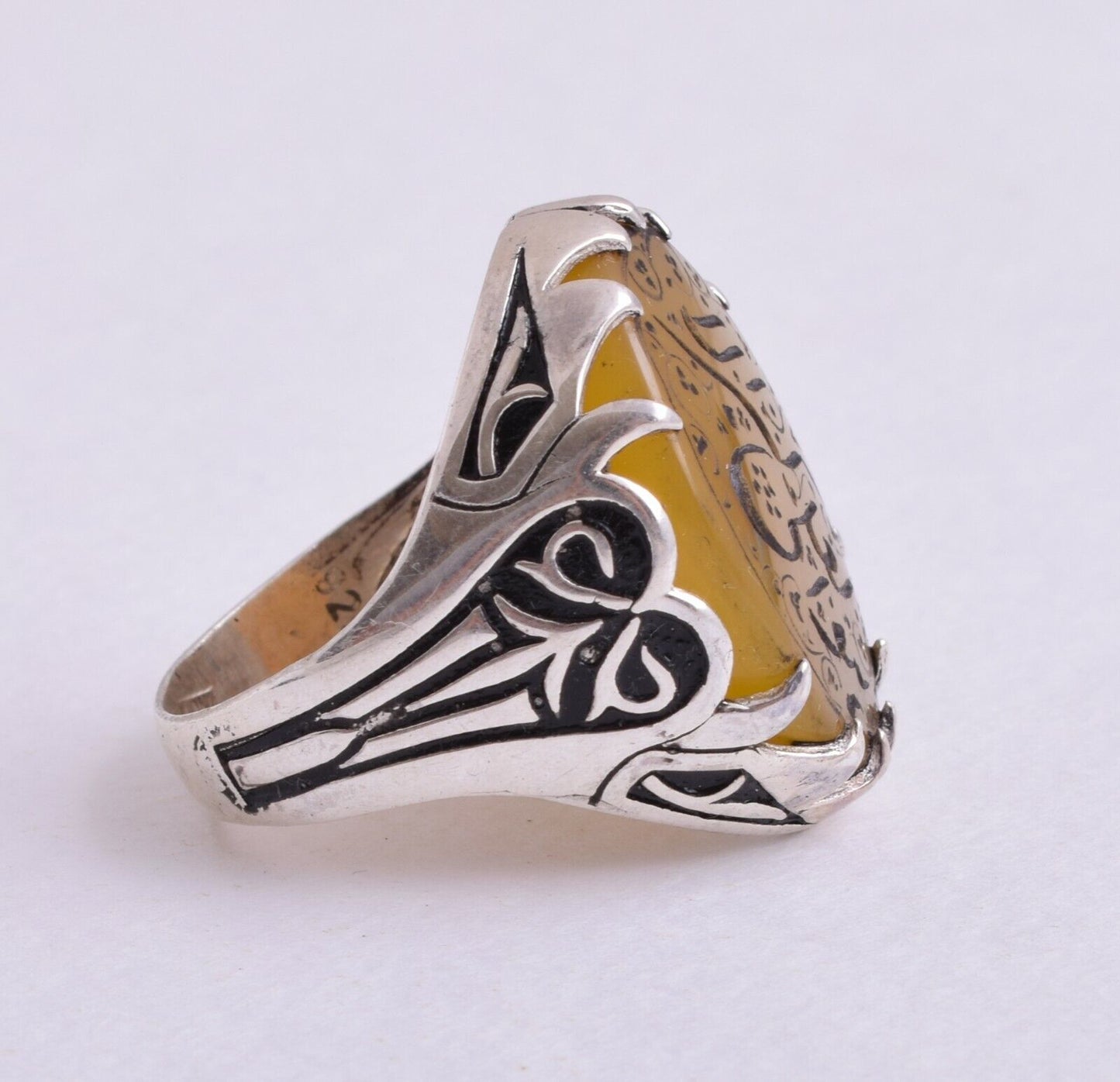 Islamic Silver Yemen agate hand engraved aqeeq aqiq akik Men Ring