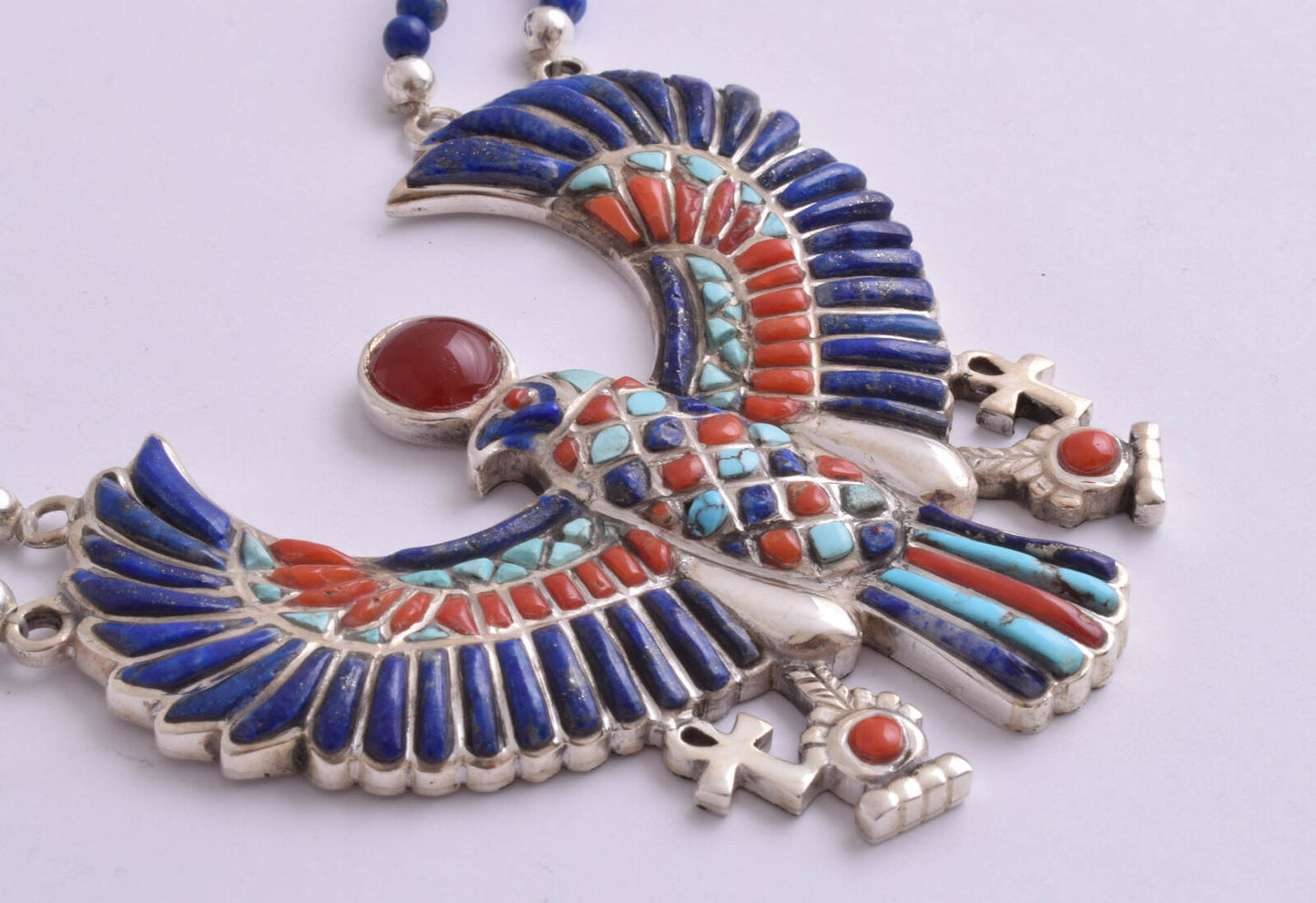 Horus Egyptian Silver Pendant Necklace, Turquoise, red coral , lapis lazuli