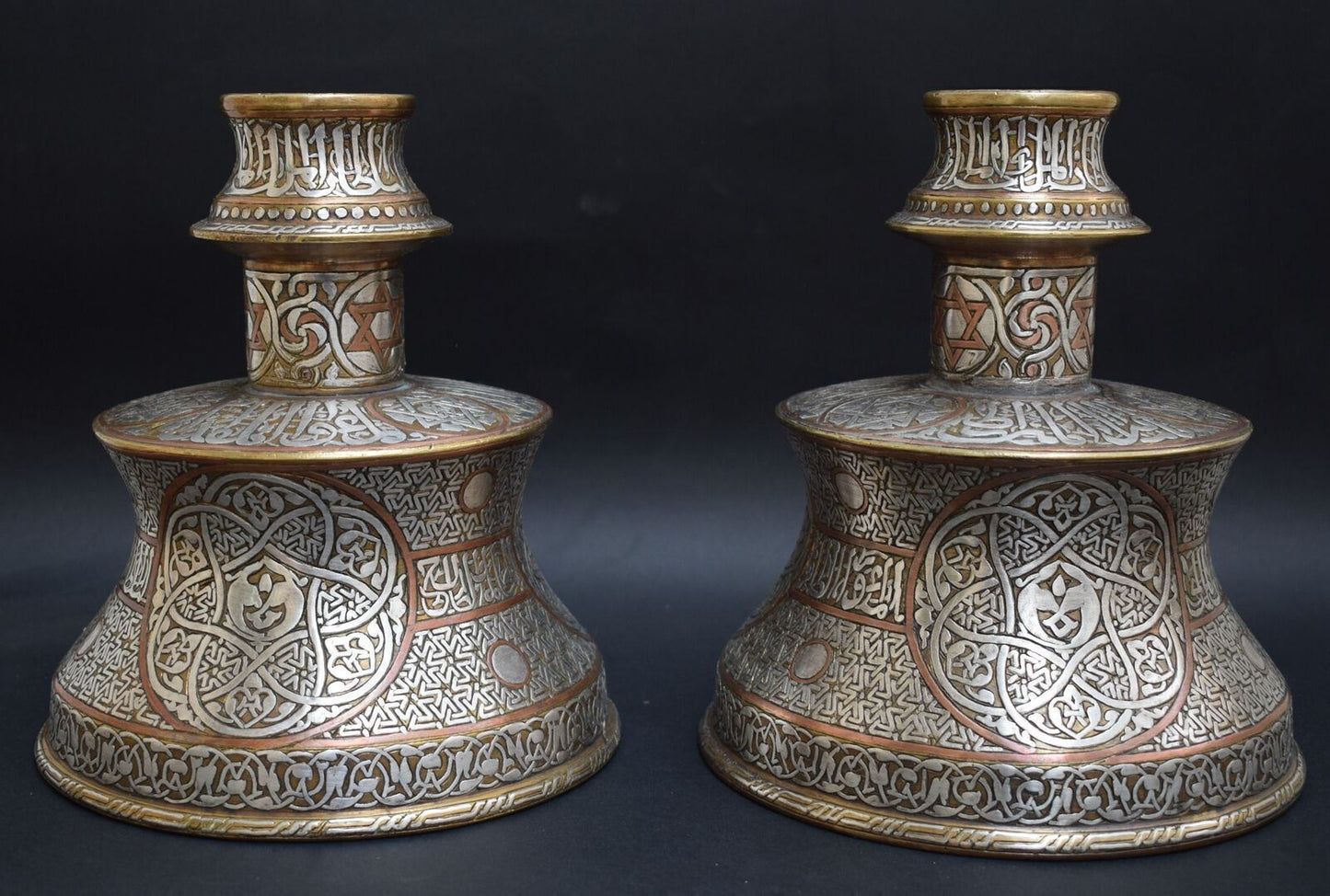 Brass Candle Holders-Islamic-Mamluk-silver inlaid -Candlestick pair-Cairo ware