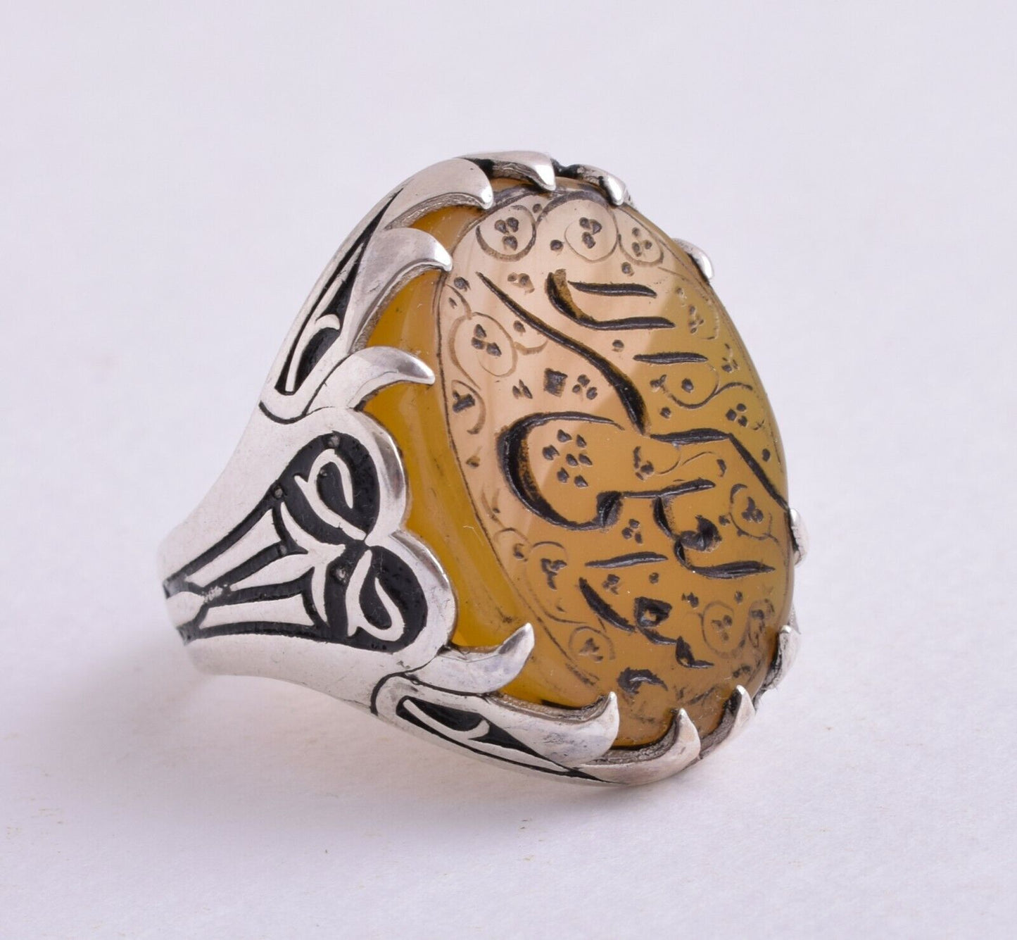 Islamic Silver Yemen agate hand engraved aqeeq aqiq akik Men Ring