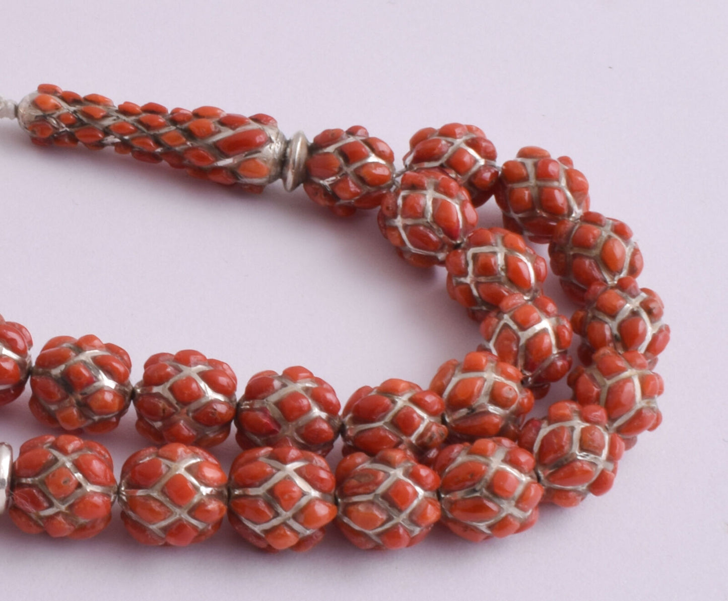 Red Coral & sterling silver Islamic raised inlaid prayer beads,muslim Tasbih