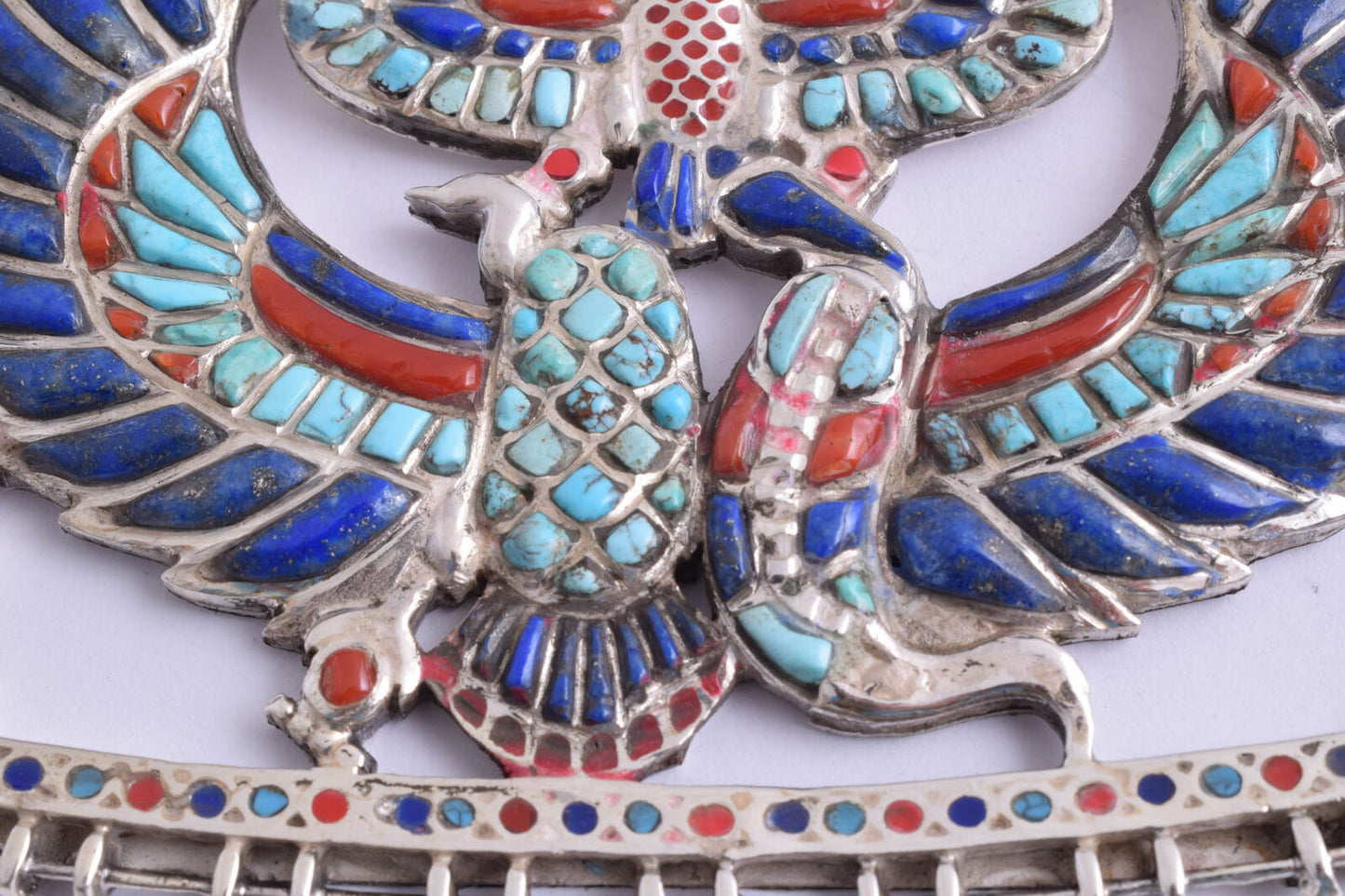 Winged Scarab Egyptian Silver Pendant Necklace, Turquoise, red coral , lapis