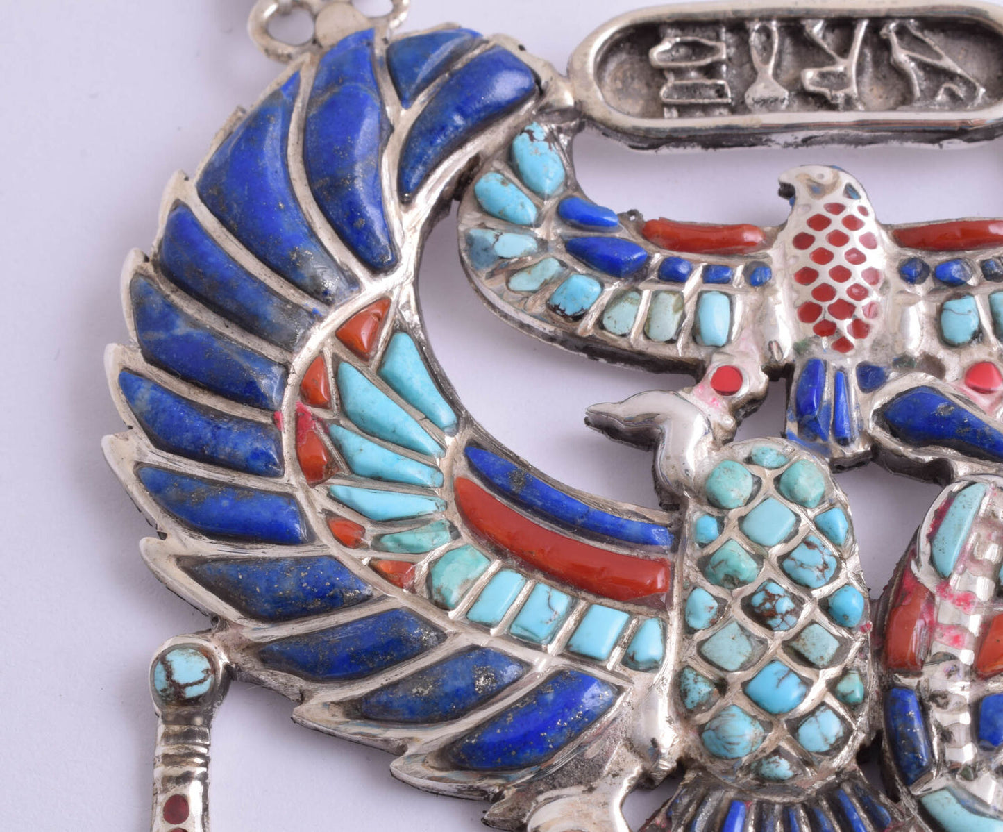 Winged Scarab Egyptian Silver Pendant Necklace, Turquoise, red coral , lapis