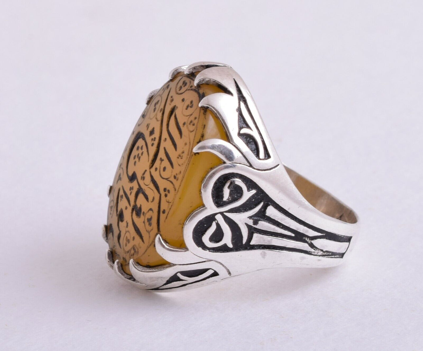 Islamic Silver Yemen agate hand engraved aqeeq aqiq akik Men Ring