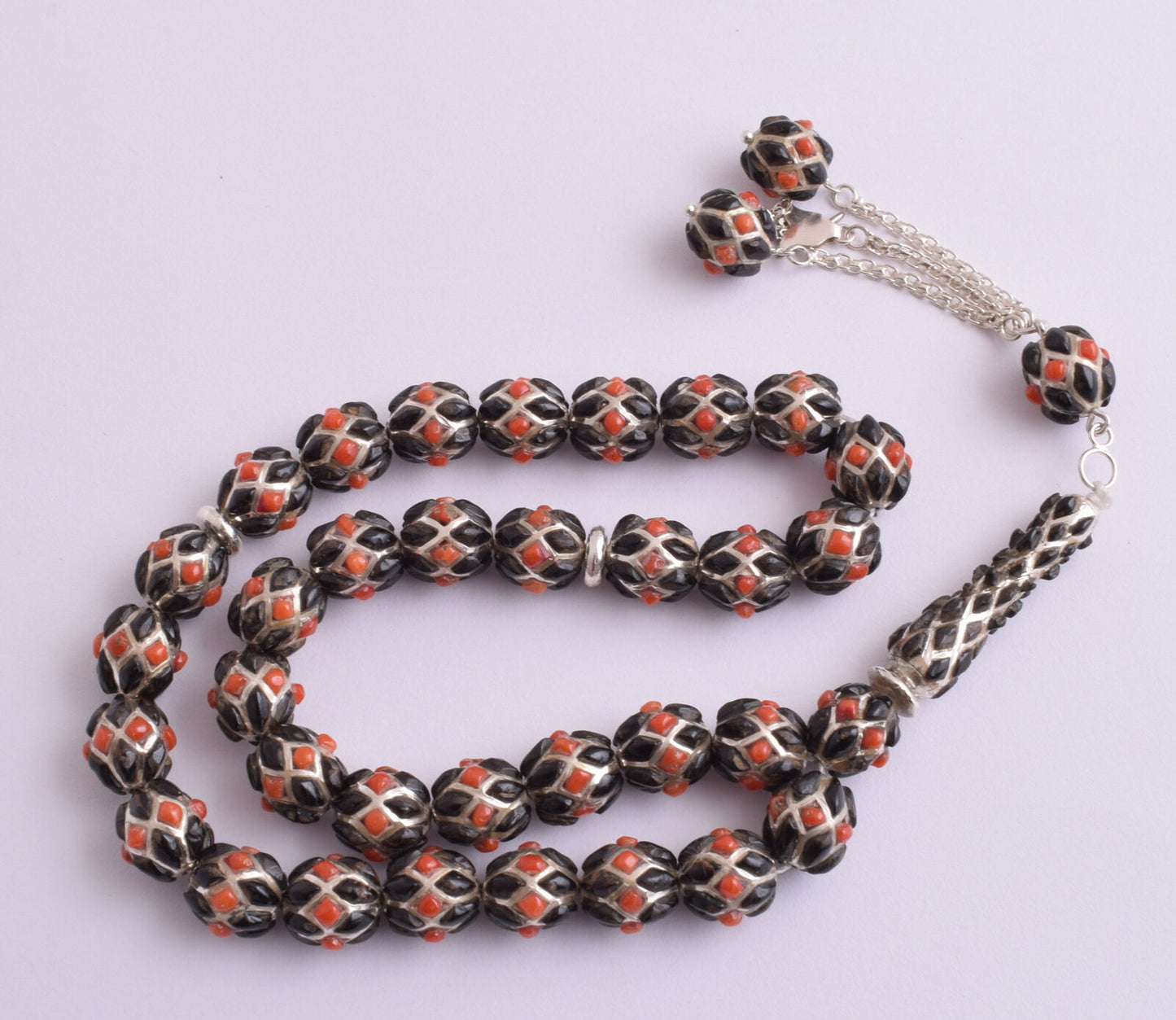 Red & Black Coral & sterling silver Islamic inlaid prayer beads,muslim Tasbih