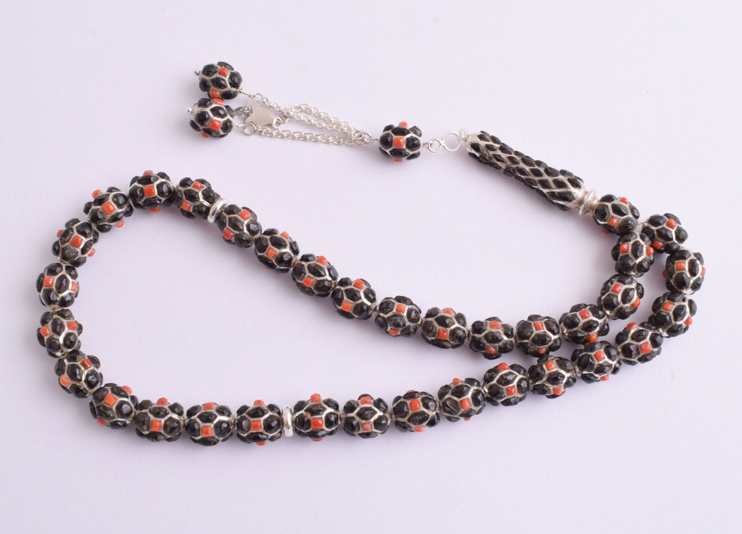 Red & Black Coral & sterling silver Islamic inlaid prayer beads,muslim Tasbih