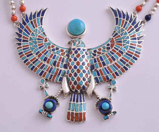 Vintage Horus Egyptian-Pharaoh Silver Turquoise,red coral,lapis Pendant Necklace