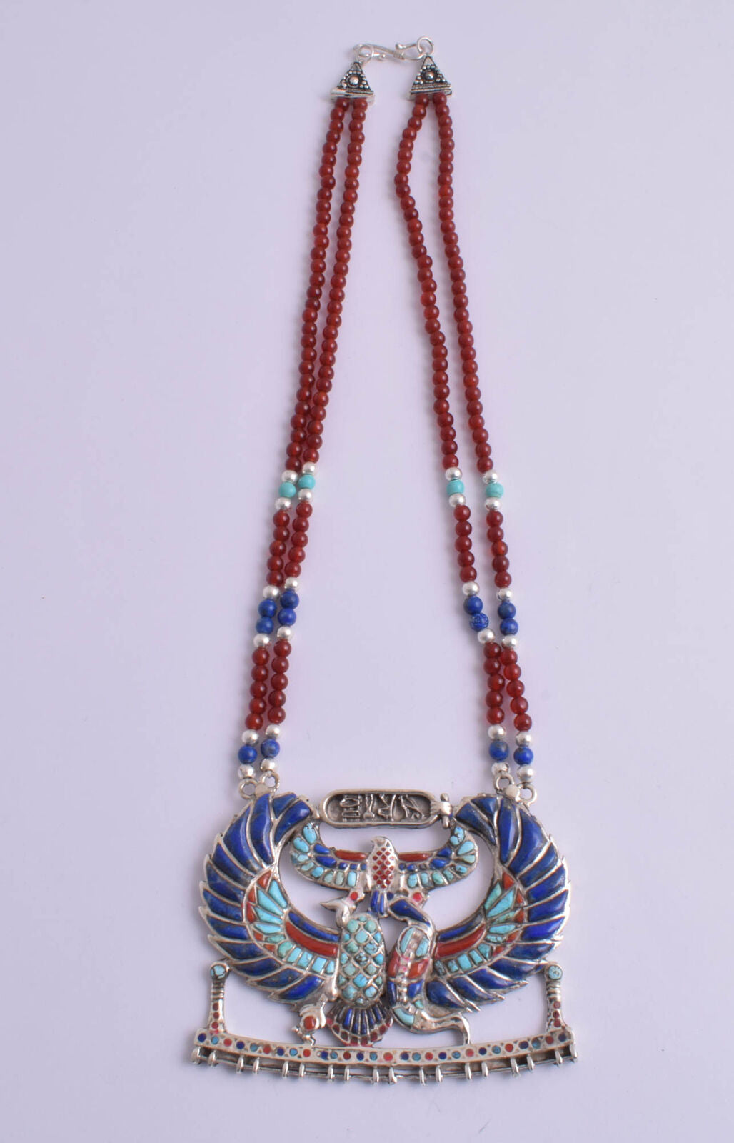 Winged Scarab Egyptian Silver Pendant Necklace, Turquoise, red coral , lapis