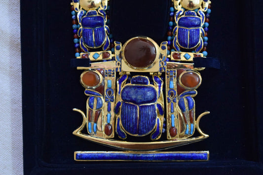 King Tut Tutankhamun-Egypt Scarab Necklace-Lapis Agate Turquoise-24k Gold Plated