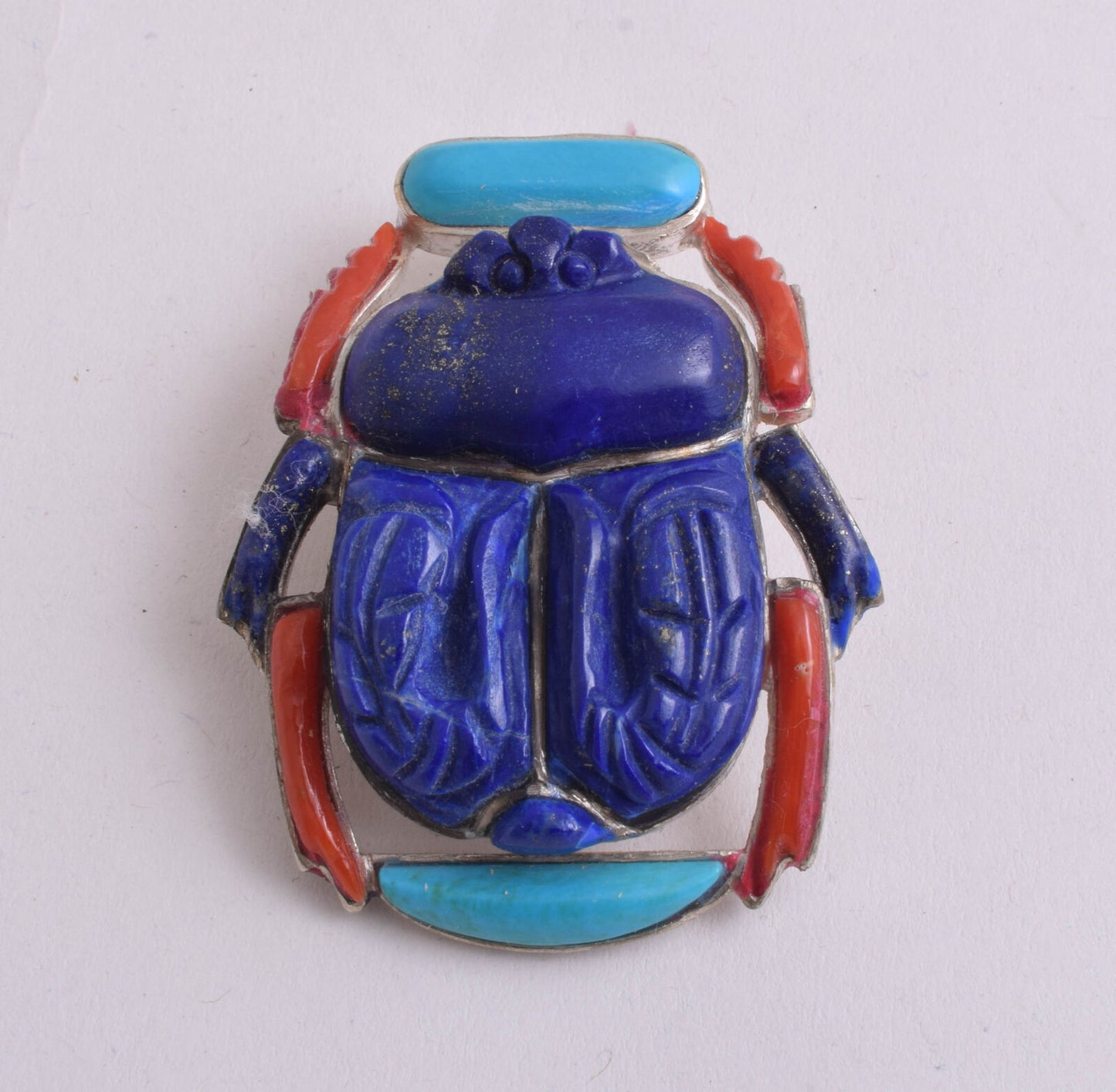 Egyptian scarab Silver Pendant,Revival, Turquoise, red coral , lapis Lazuli