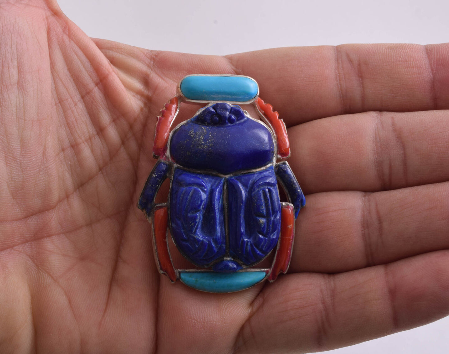 Egyptian scarab Silver Pendant,Revival, Turquoise, red coral , lapis Lazuli