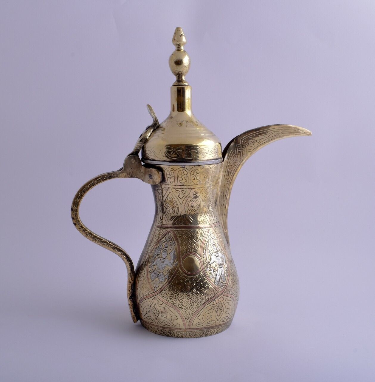 Vintage Islamic Persian silver inlaid brass coffee pot Dallah