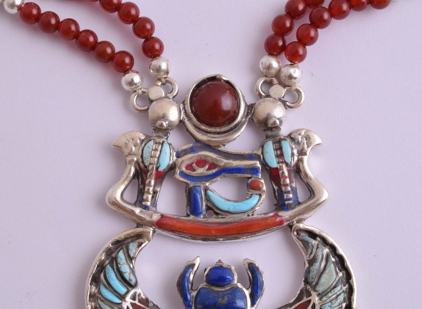 King Tut-Tutankhamun Egyptian Silver Pendant Necklace, Winged Scarab Pendant