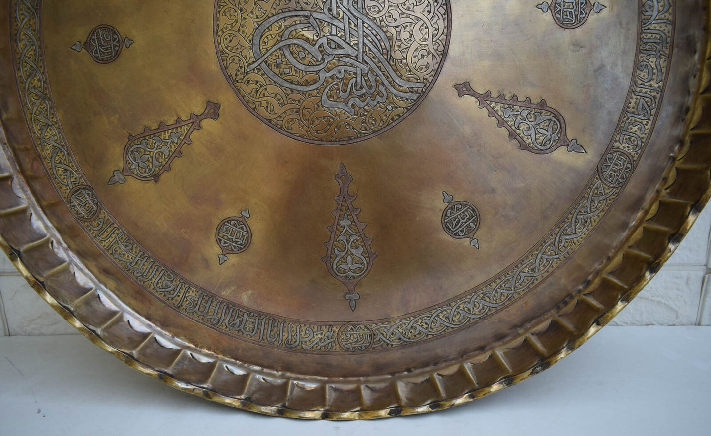 Vintage handmade Islamic Brass Tray- Silver Inlays- wall hanging 23"