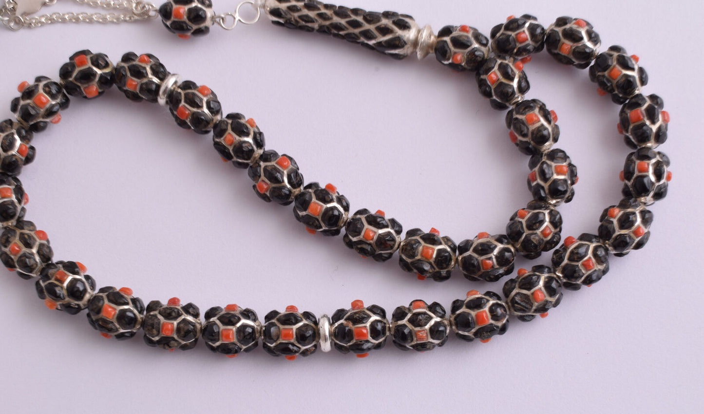 Red & Black Coral & sterling silver Islamic inlaid prayer beads,muslim Tasbih