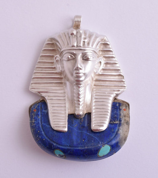 Large Vintage Egyptian King Tut-Tutankhamun Pharaoh Lapis Lazuli-Silver Pendant