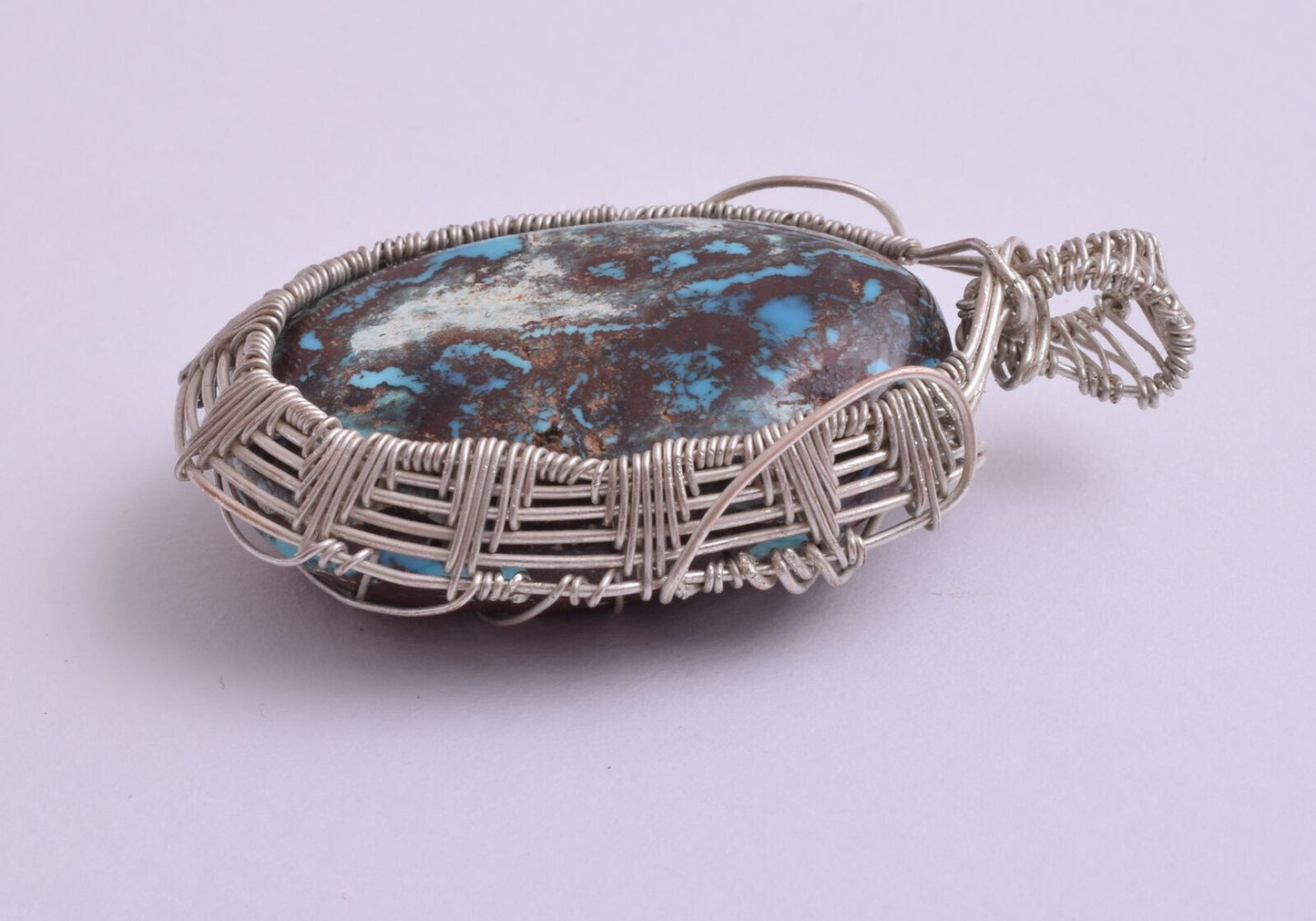 Egyptian Turquoise cabochon Hand Wire Wrapped Silver Pendant-Ethnic Gypsy Boho