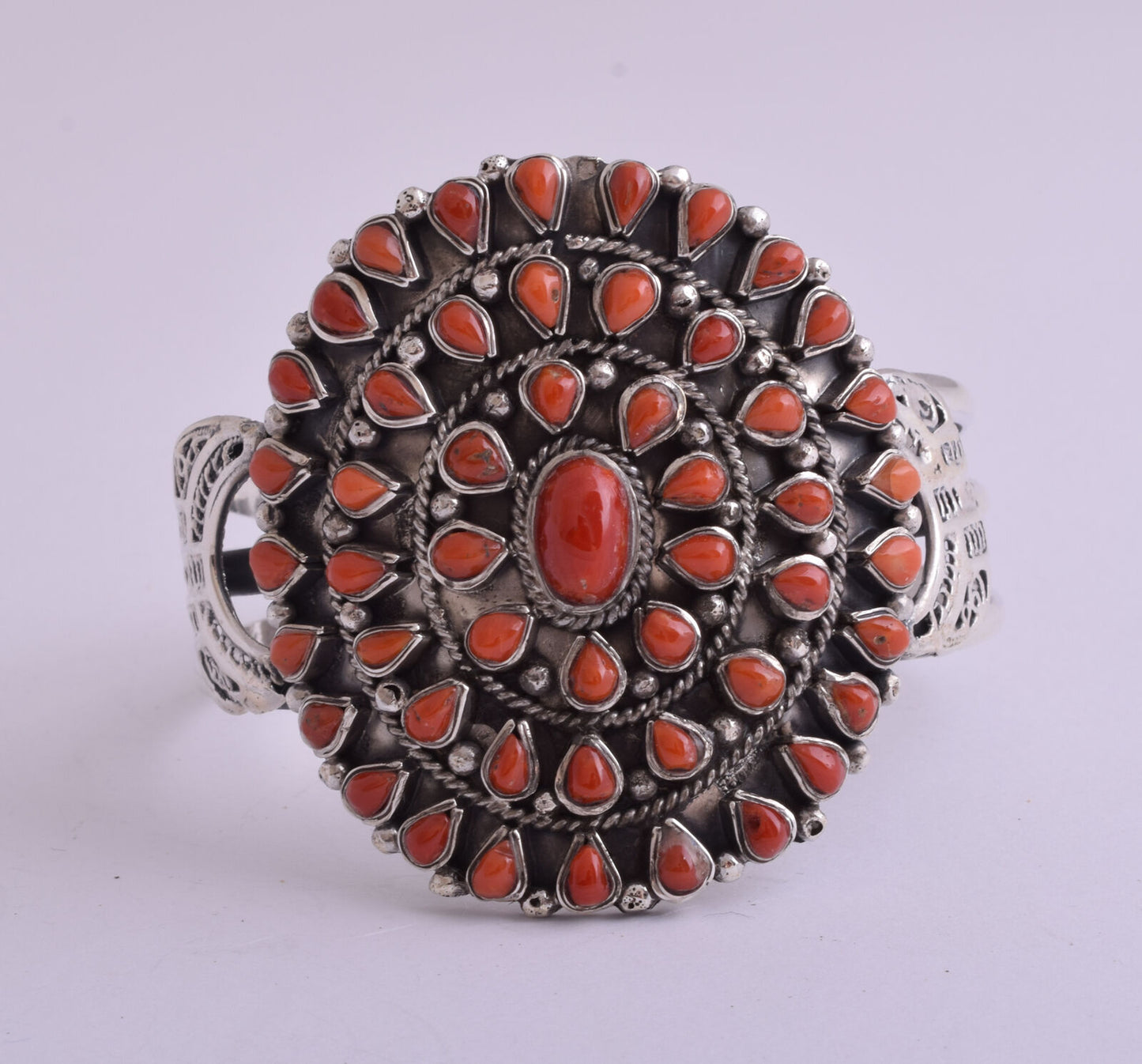 Natural Italian Red Coral sterling silver Cluster Ethnic Bracelet-71 gram