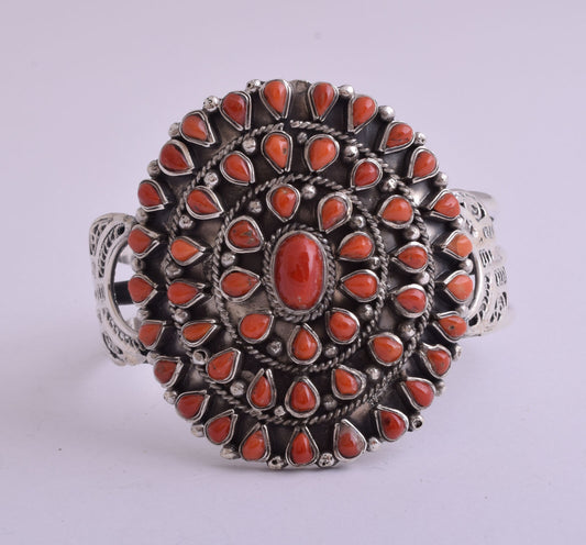 Natural Italian Red Coral sterling silver Cluster Ethnic Bracelet-71 gram