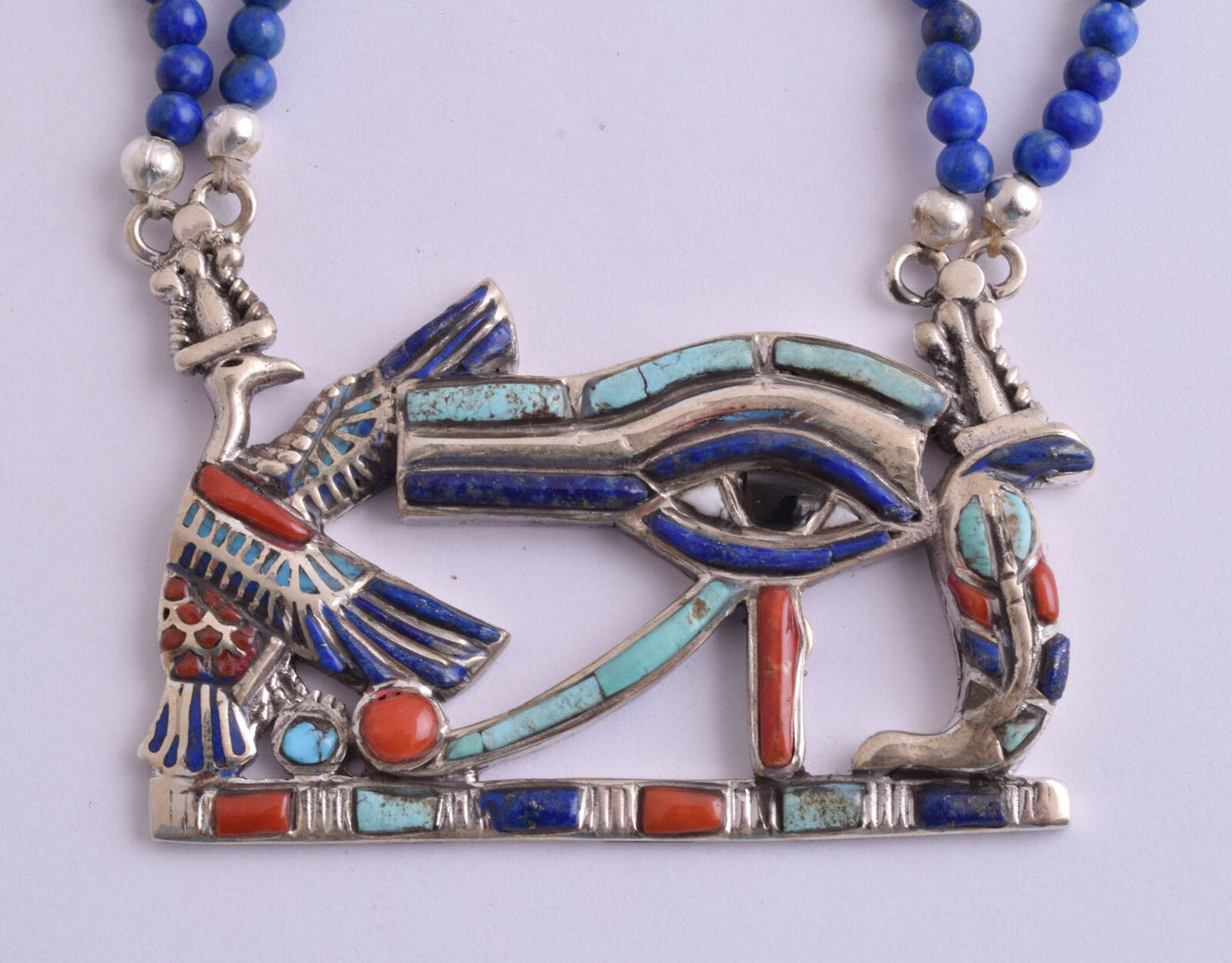 Eye of Horus Egyptian Silver Pendant Necklace,Turquoise, red coral, lapis lazuli