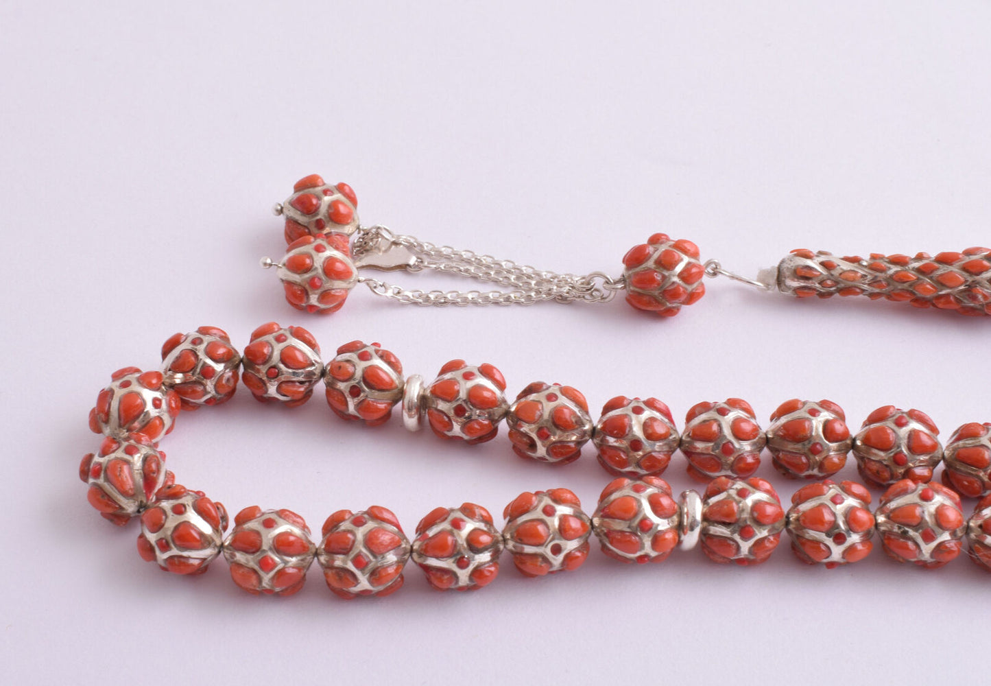 Red Coral & sterling silver Islamic raised inlaid prayer beads,muslim Tasbih