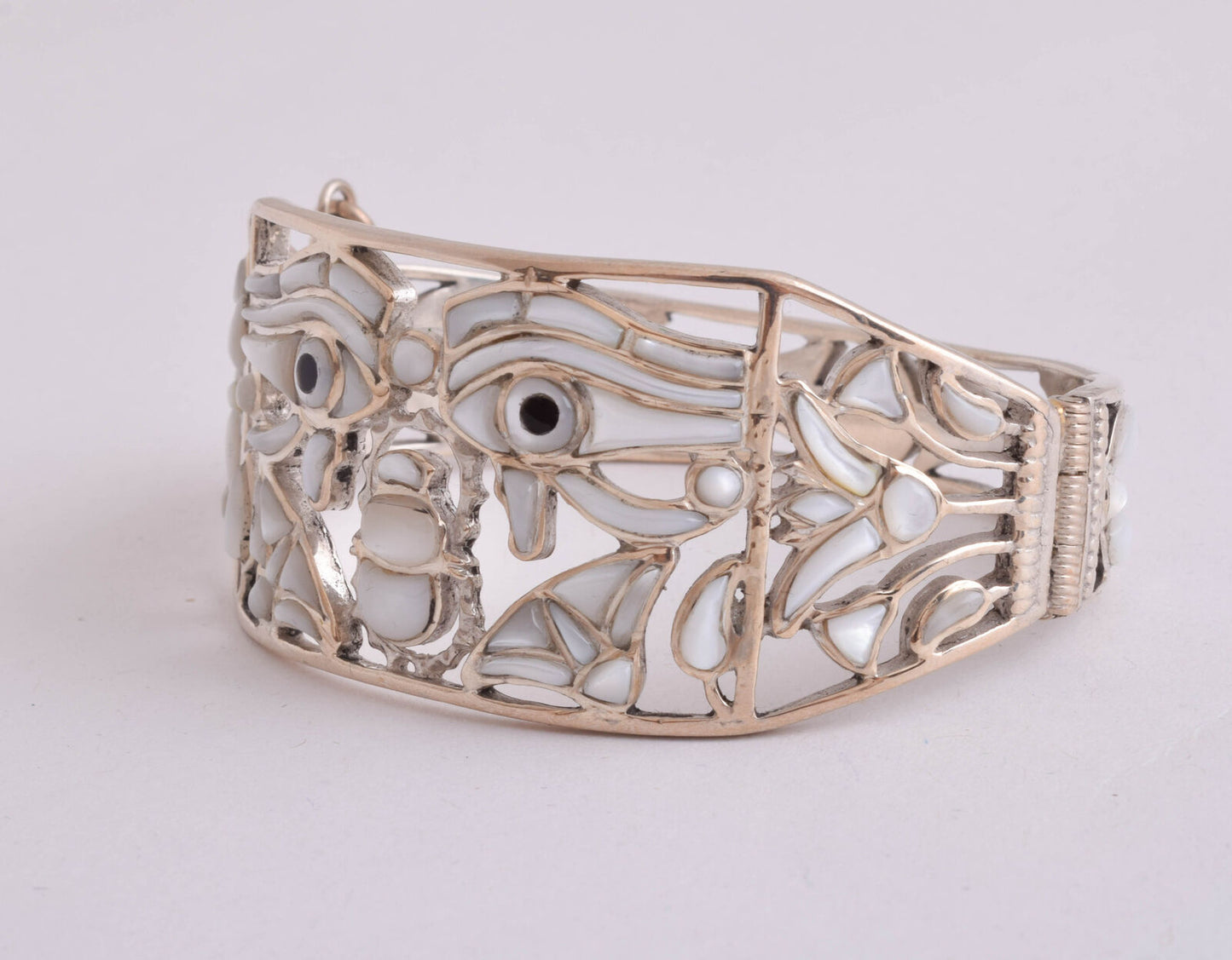 Eye of Horus Egyptian sterling Silver Cuff Bracelet, mother of pearl inlays