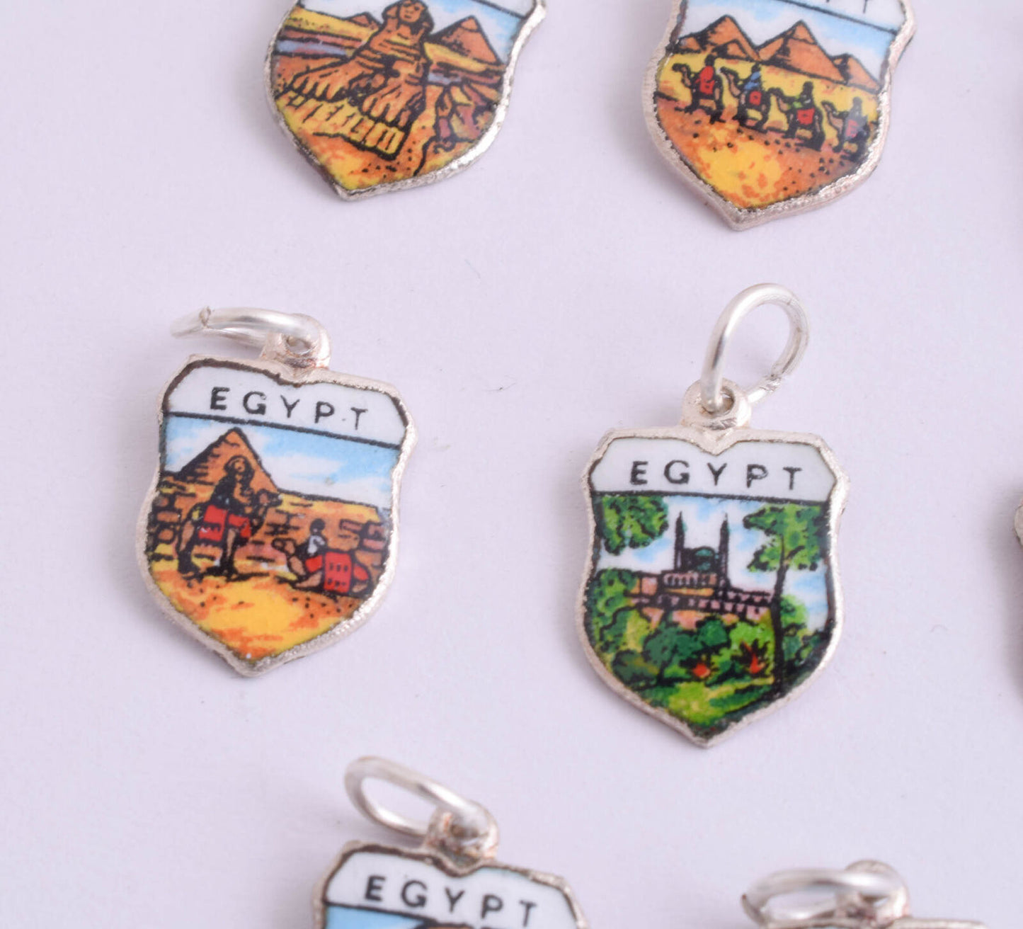 9 Vintage Revival Egyptian Enamel mini Pendants-very rare-Tut-Pyramids-Sphinx