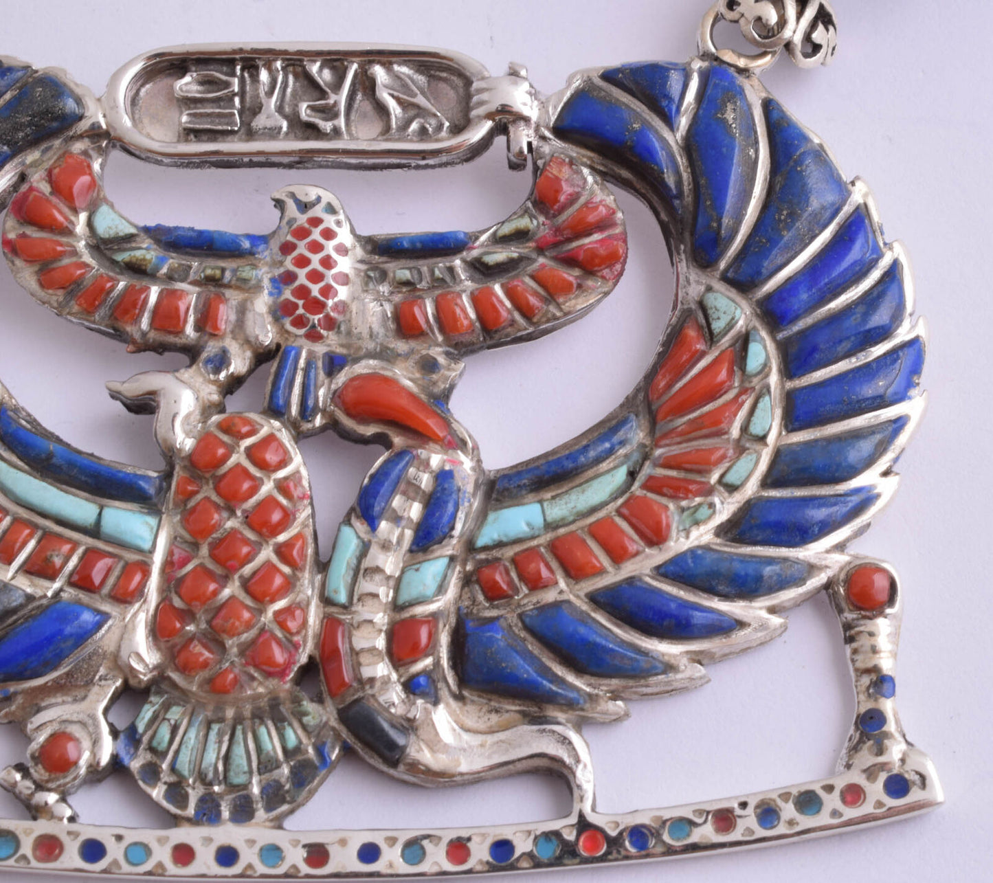 Winged Scarab Egyptian Silver Pendant Necklace, Turquoise, red coral , lapis