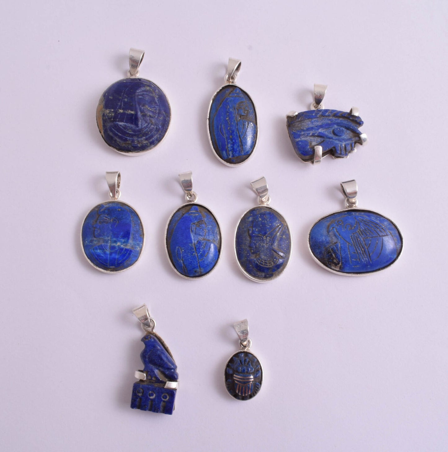 9 Vintage Egyptian Lapis Lazuli-Silver Pendants-Hand Carved-Pharaohs Kings