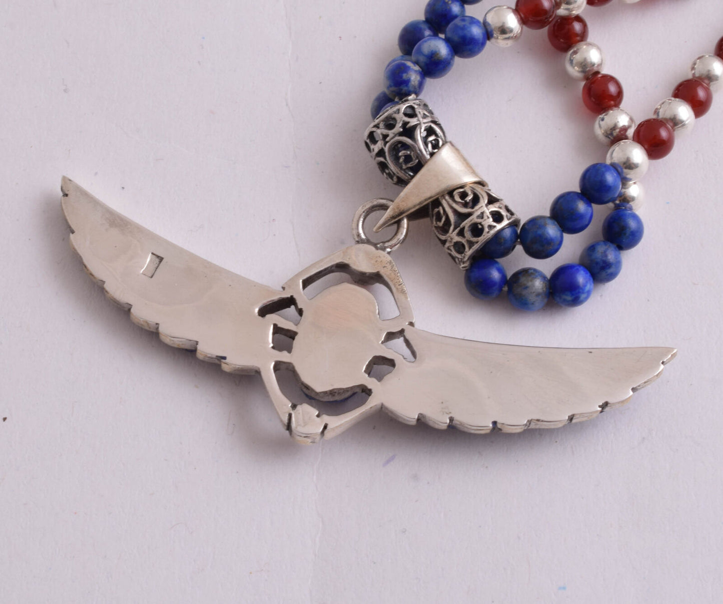 Winged Scarab Necklace-Egyptian Silver Pendant Necklace-Turquoise,Lapis