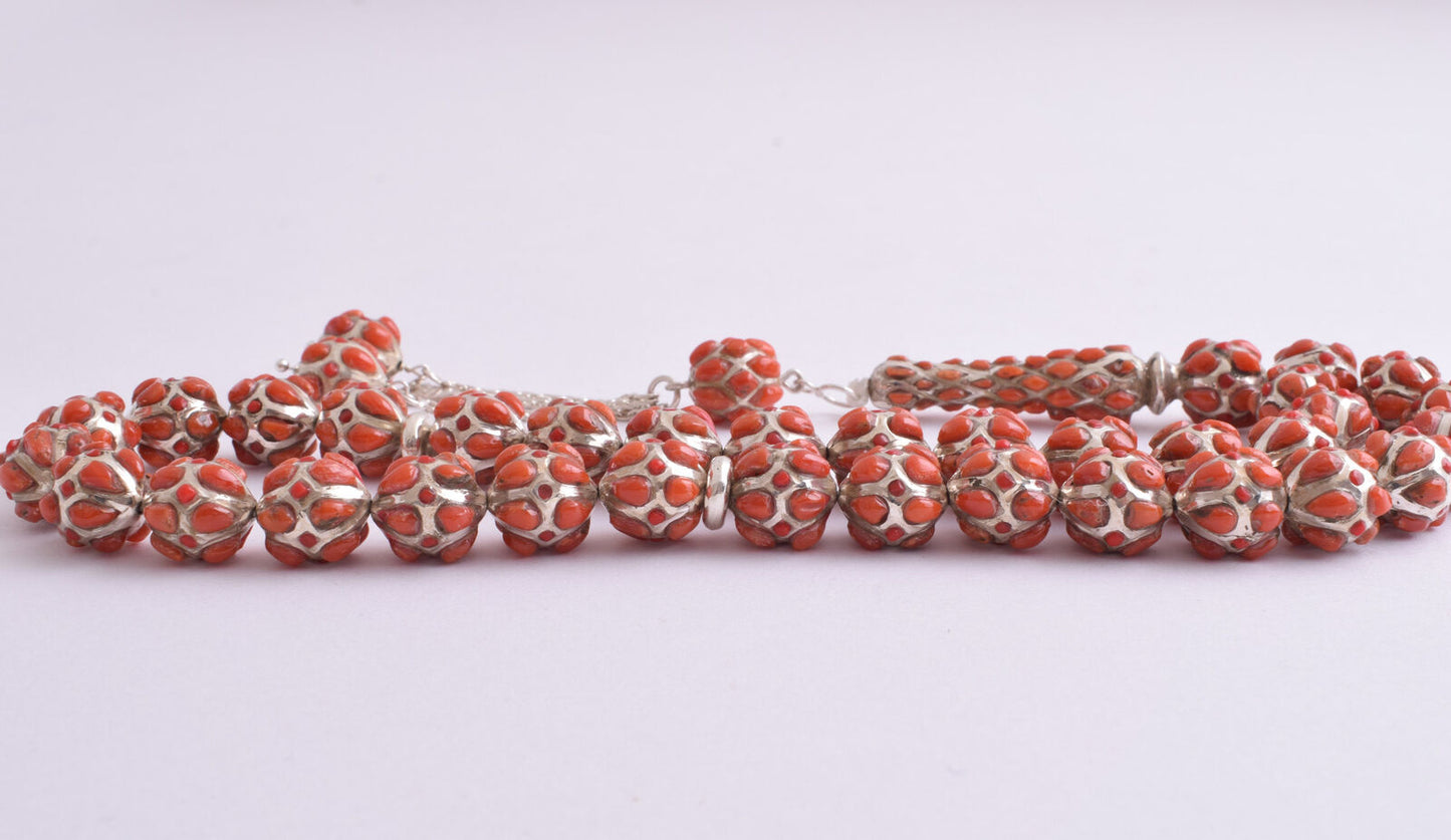 Red Coral & sterling silver Islamic raised inlaid prayer beads,muslim Tasbih