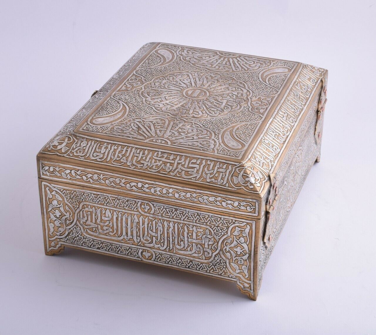 Islamic revival-Mamluk silver inlaid Jewelry - Quran Koran brass Box-Cairo ware