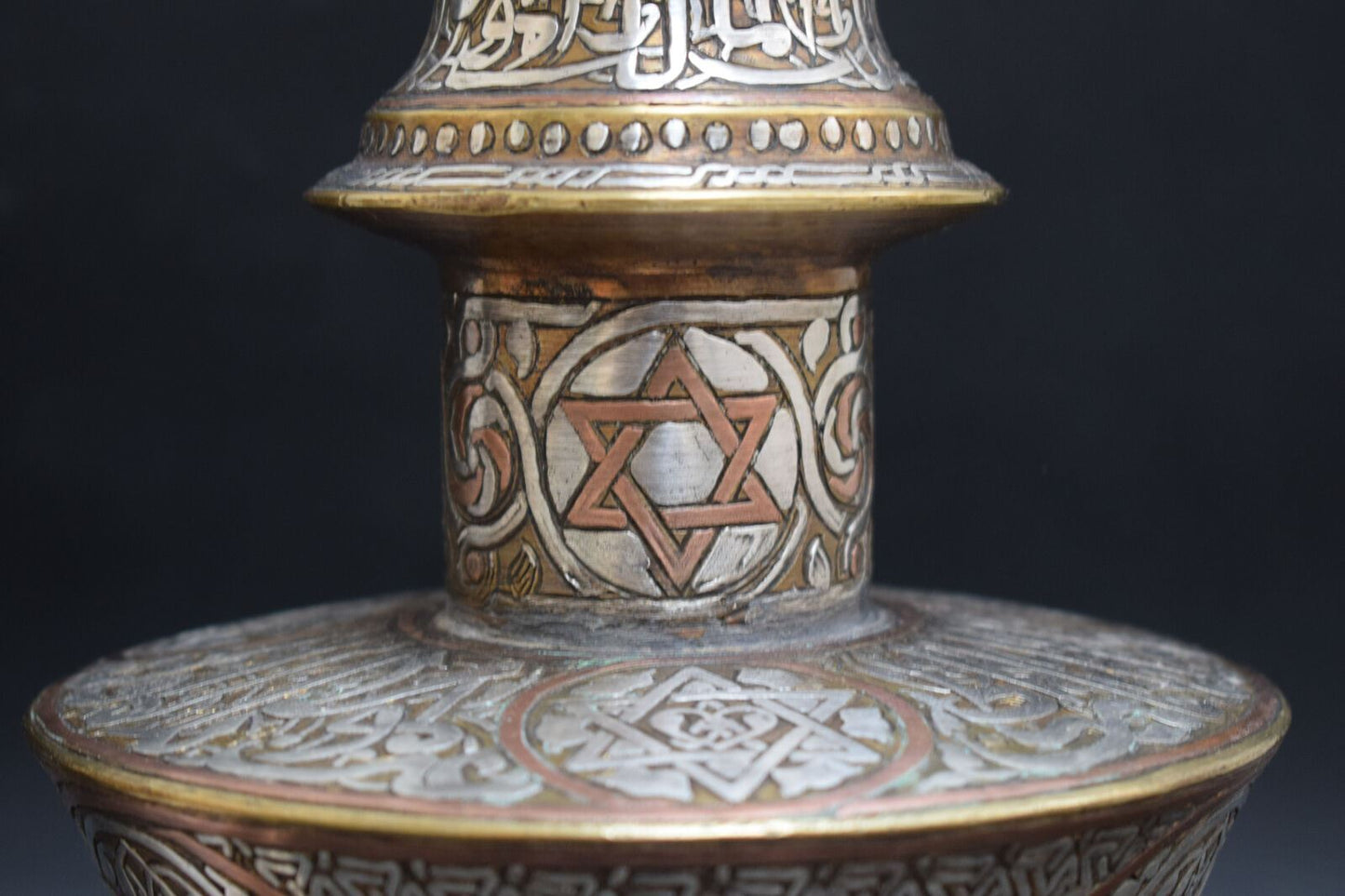 Brass Candle Holders-Islamic-Mamluk-silver inlaid -Candlestick pair-Cairo ware