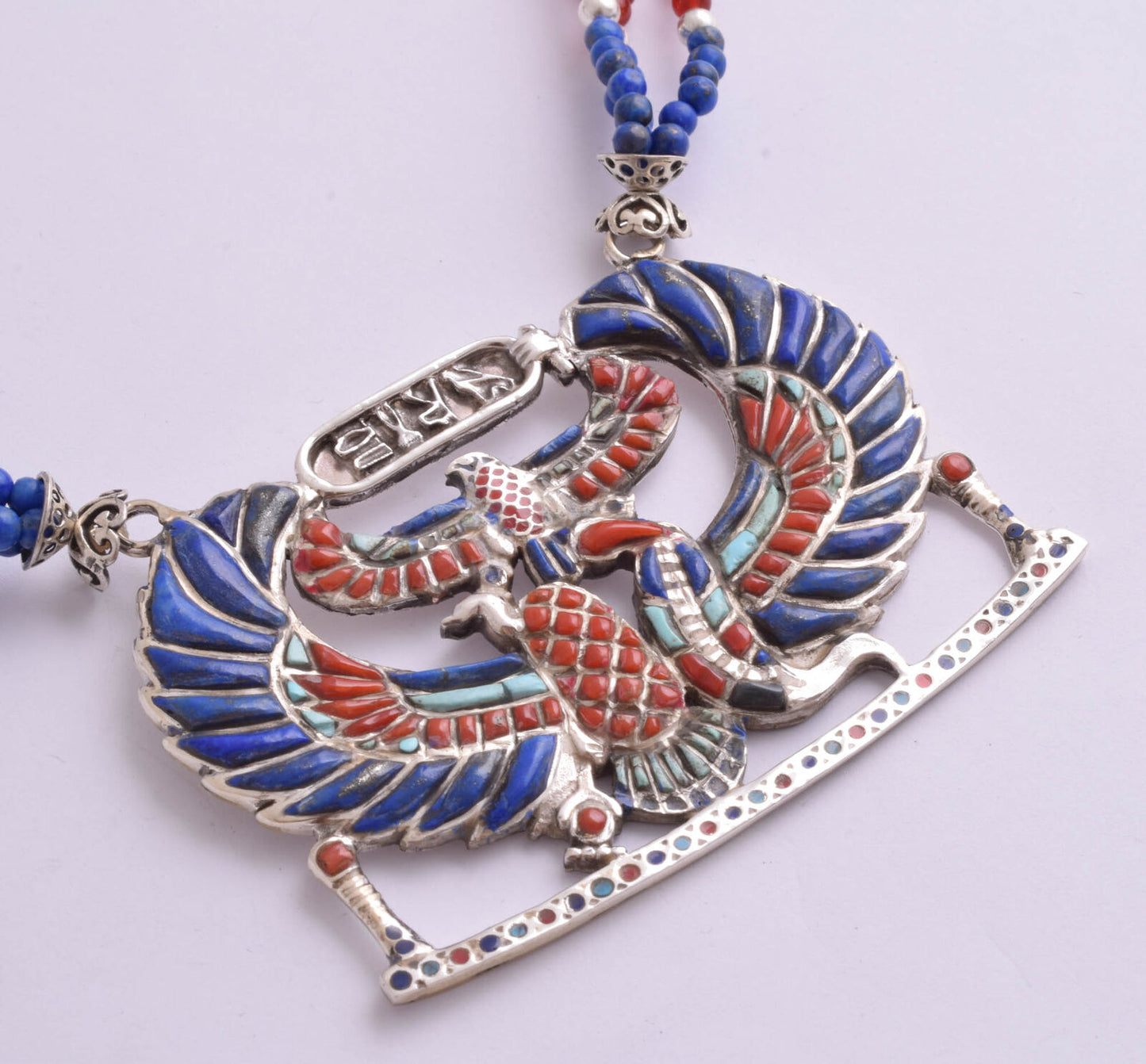 Winged Scarab Egyptian Silver Pendant Necklace, Turquoise, red coral , lapis