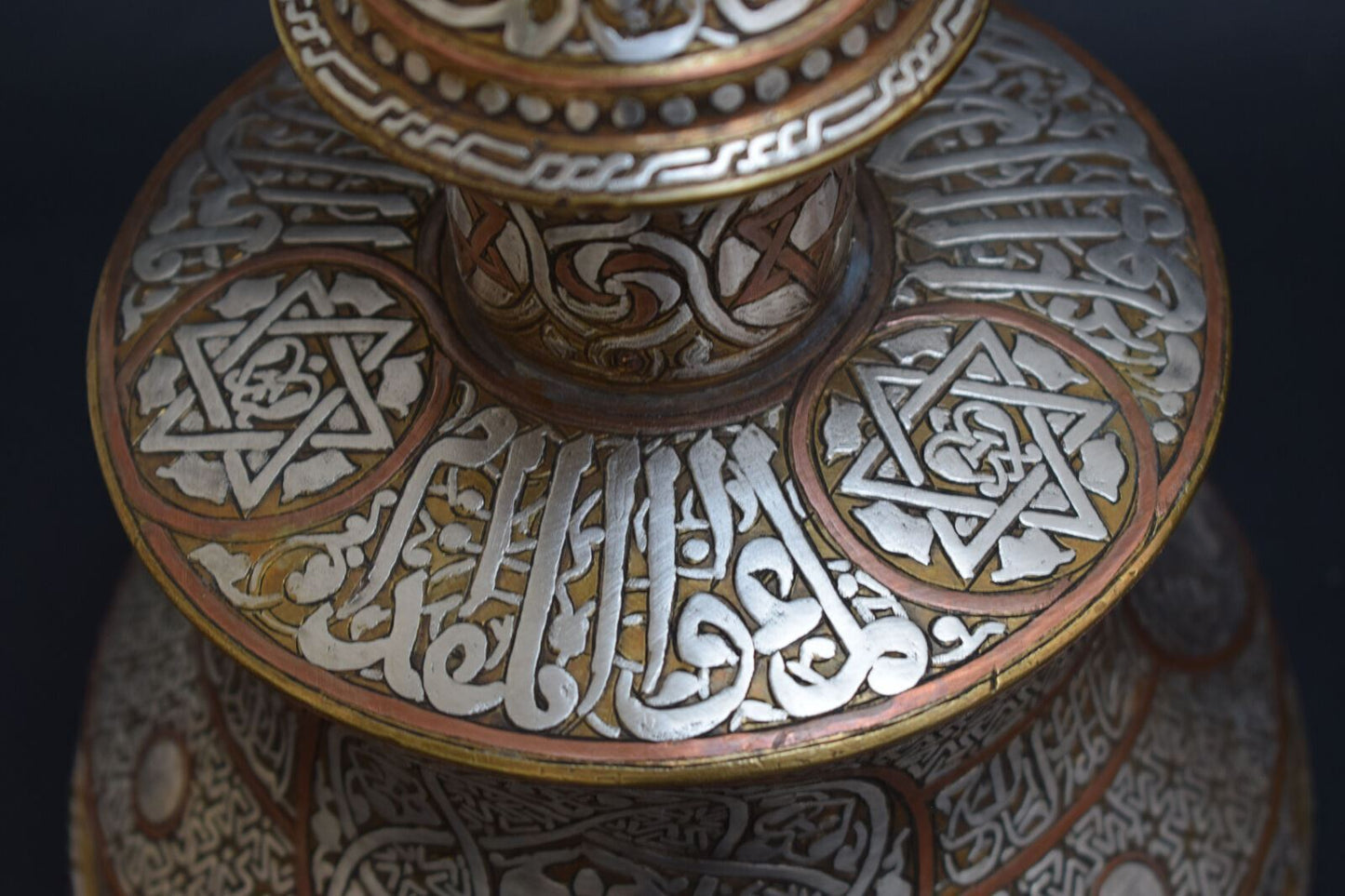 Brass Candle Holders-Islamic-Mamluk-silver inlaid -Candlestick pair-Cairo ware