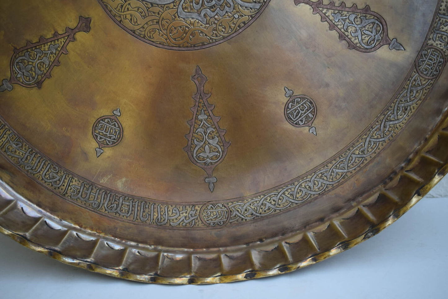 Vintage handmade Islamic Brass Tray- Silver Inlays- wall hanging 23"