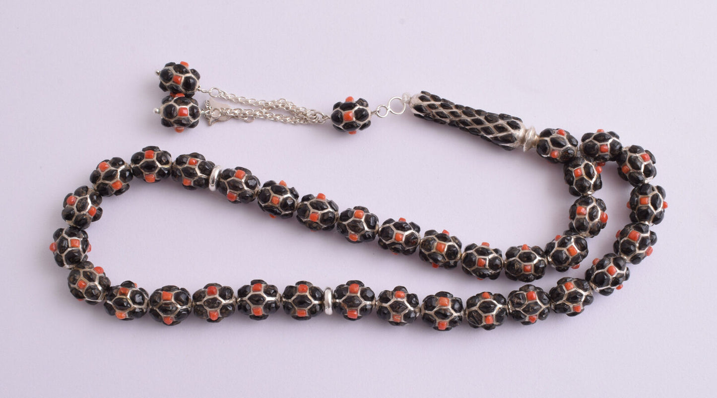 Red & Black Coral & sterling silver Islamic inlaid prayer beads,muslim Tasbih