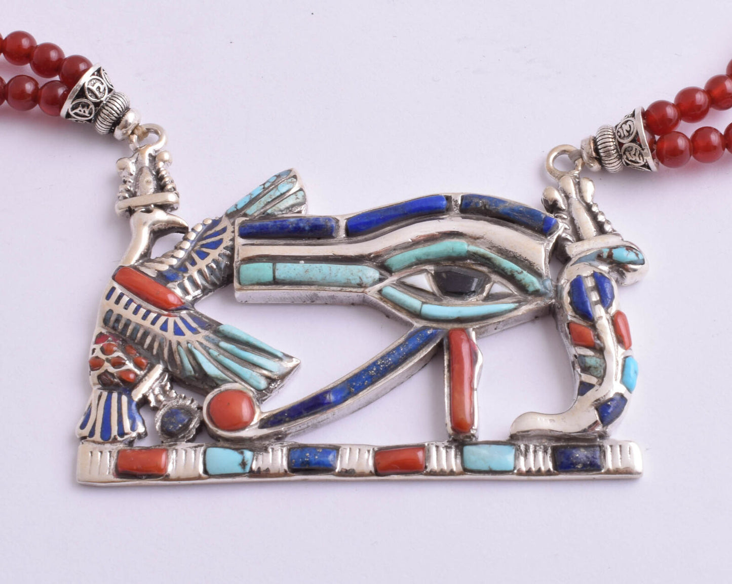 Eye of Horus Egyptian Silver Pendant Necklace,Turquoise, red coral, lapis lazuli