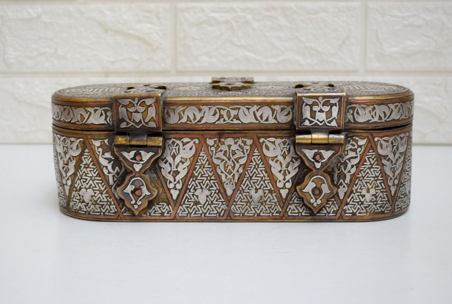 Islamic revival Mamluk style silver inlaid brass Jewelry Box-Cairo ware