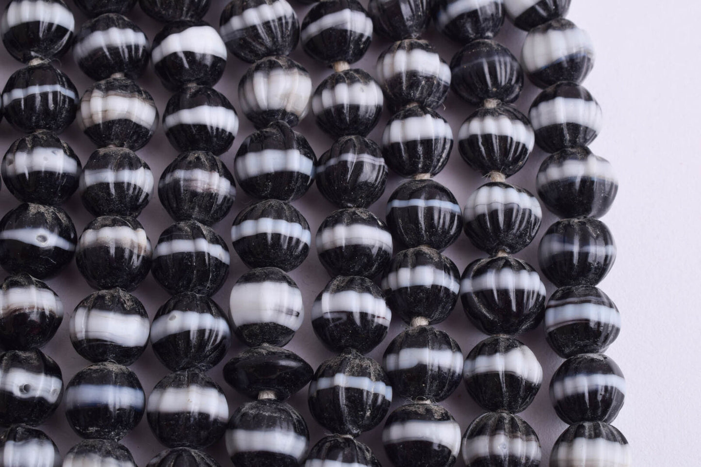 9 strands-Vintage African Glass Trade beads-Czech Bohemian Black-White Stripe