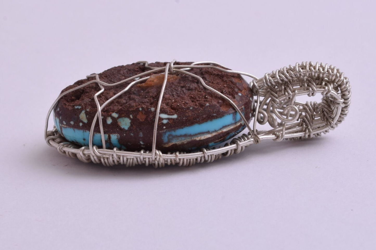 Egyptian Turquoise cabochon Hand Wire Wrapped Silver Pendant-Ethnic Gypsy Boho