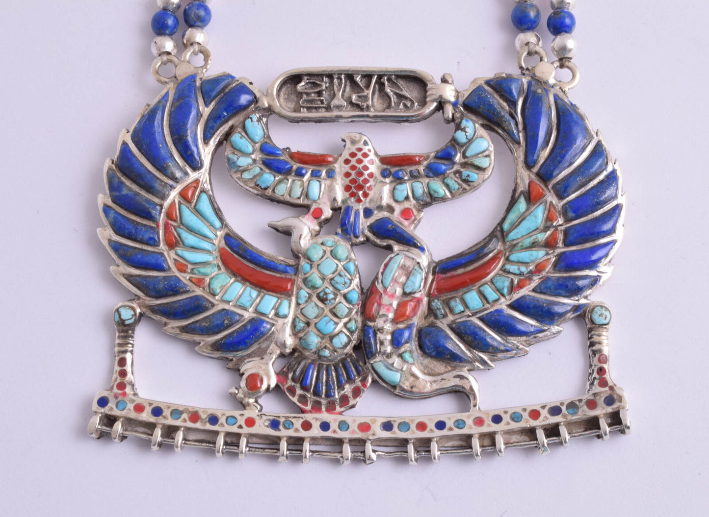 Winged Scarab Egyptian Silver Pendant Necklace, Turquoise, red coral , lapis