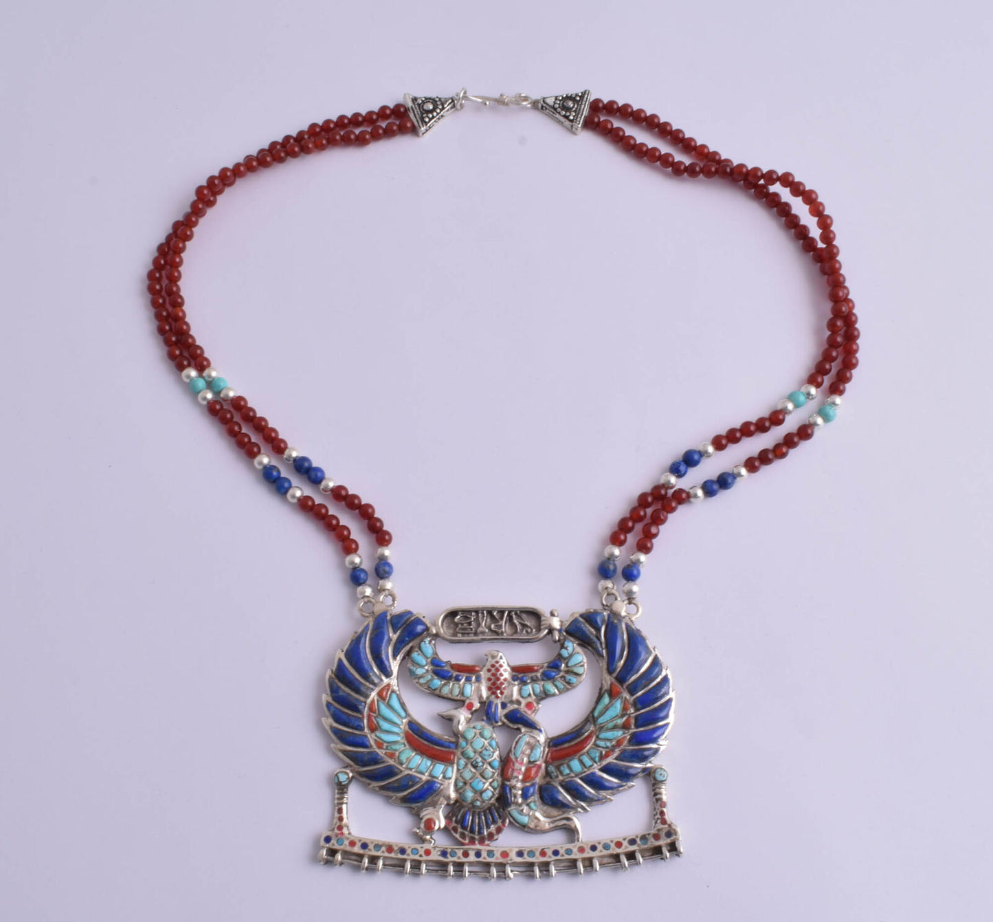 Winged Scarab Egyptian Silver Pendant Necklace, Turquoise, red coral , lapis