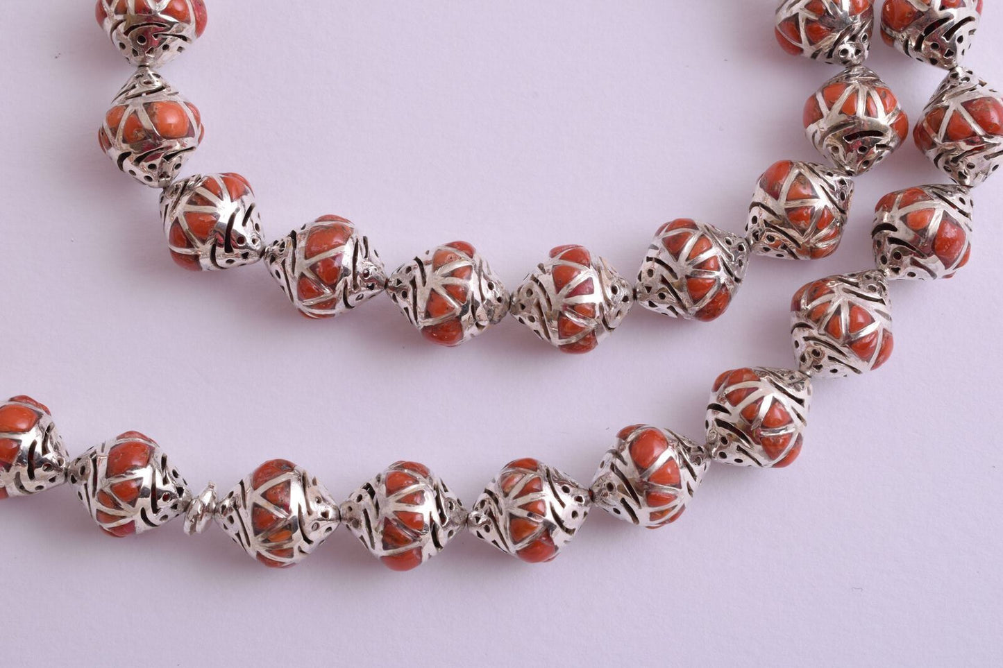 Red Coral & sterling silver Islamic raised inlaid prayer beads,muslim Tasbih