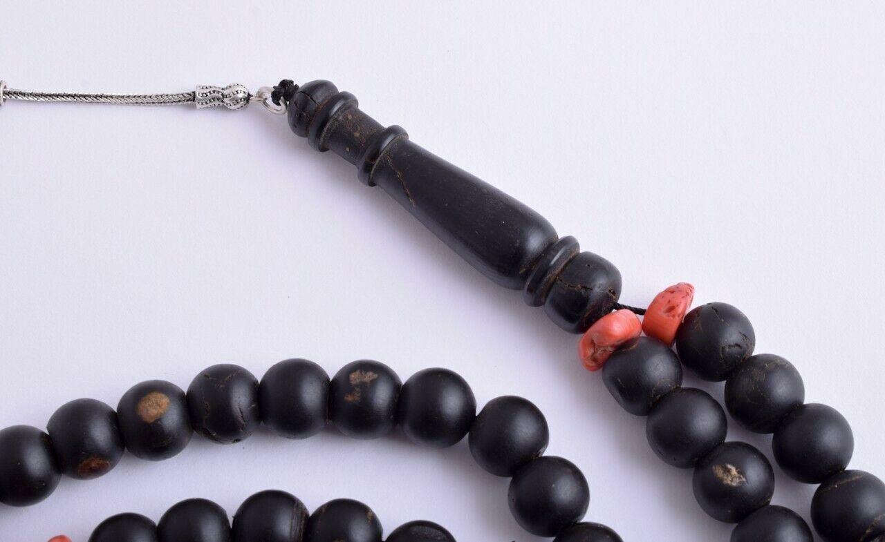 Antique Islamic black coral/ silver inlay -Prayer beads-komboloi-يسر حجازي قديم