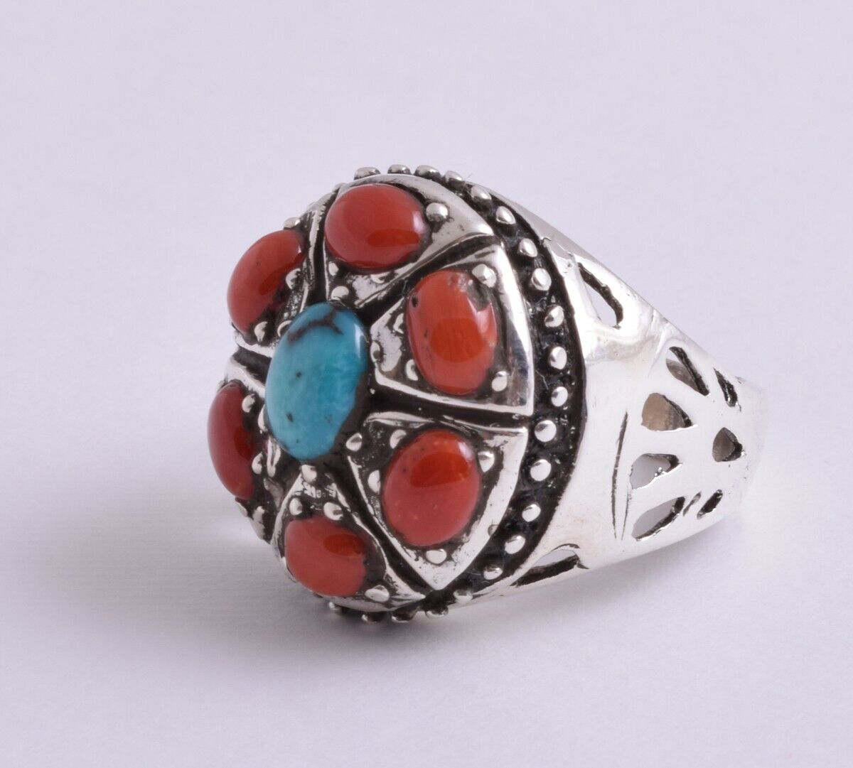 Egyptian Turquoise & mediterranean Red coral sterling silver Ring-Middle Eastern