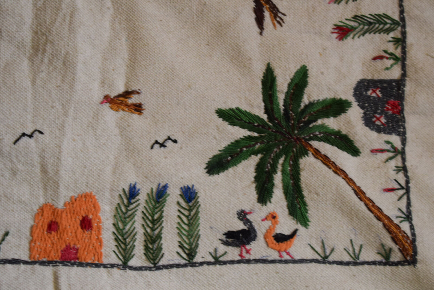 Hand embroidered Egyptian Tablecloth Falalhi Village Bedouin scenes 88"X54"