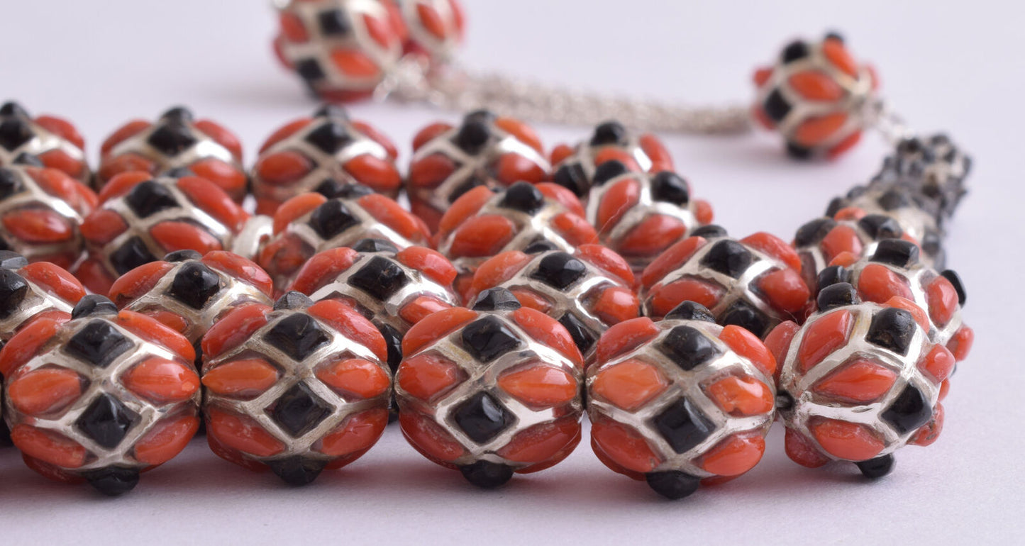 Red & Black Coral & sterling silver Islamic inlaid prayer beads,muslim Tasbih